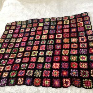 Vintage Crochet Granny Square Afghan Throw Black/Multicolor Blanket 48” X 40”
